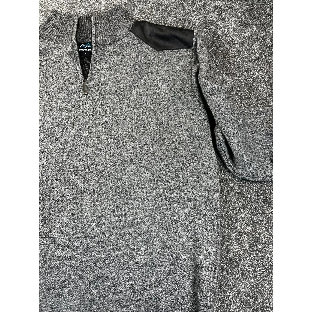 North Pole Sweater Mens M Quarter Zip Knit Gray/Black Suede Shoulder Pullover - Picture 3 of 9